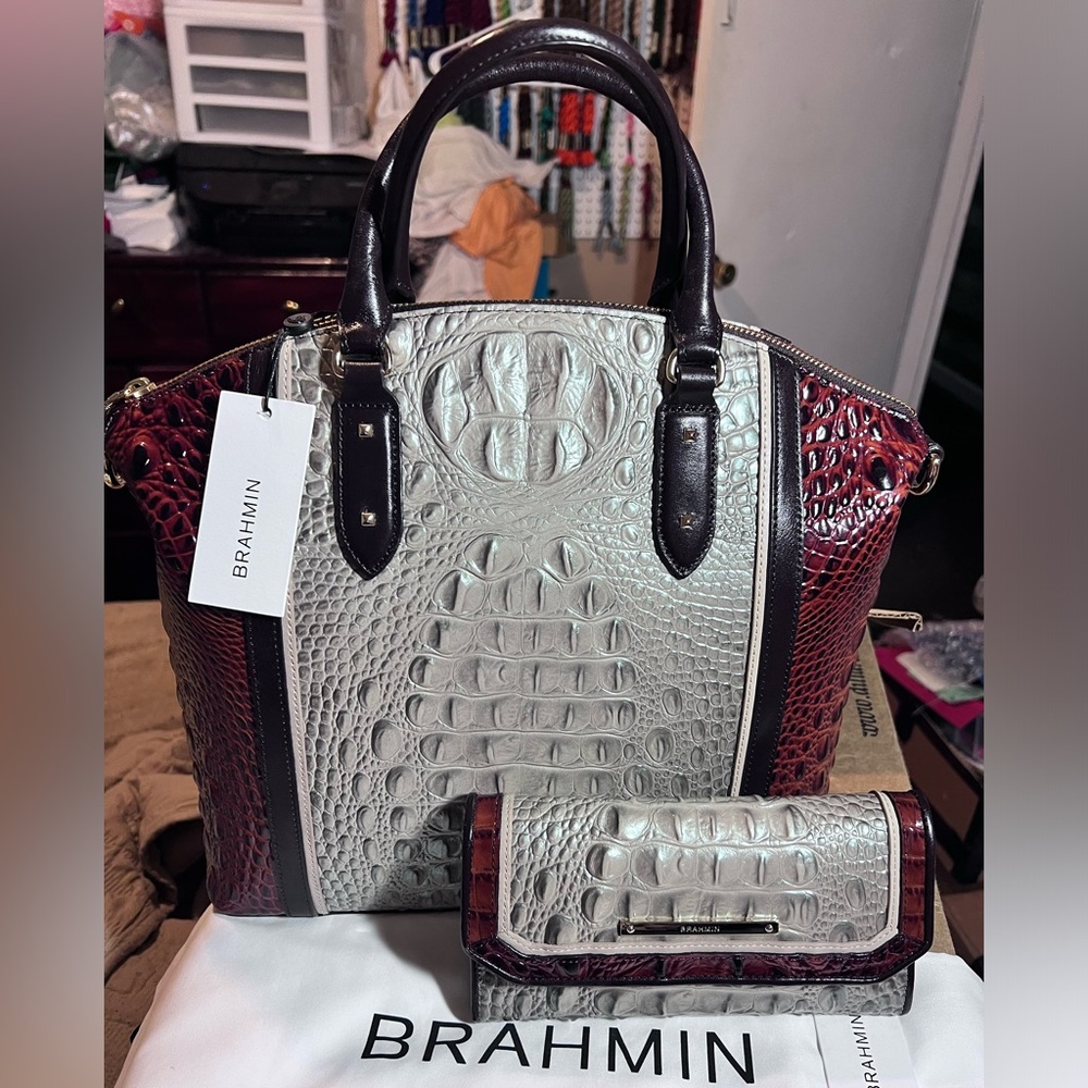 Brahmin Large Duxbury Hemlock Westwood Leather Satchel & Checkbook Wallet NWT